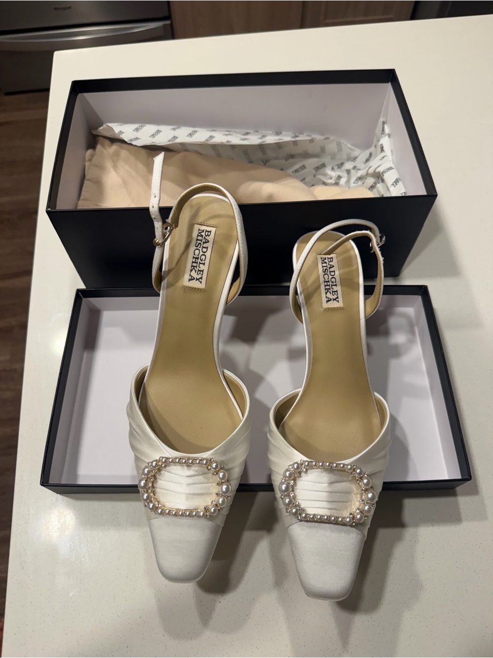 Badgley Mischka Ivory Satin Pearl-Embellished Slingback Heels
